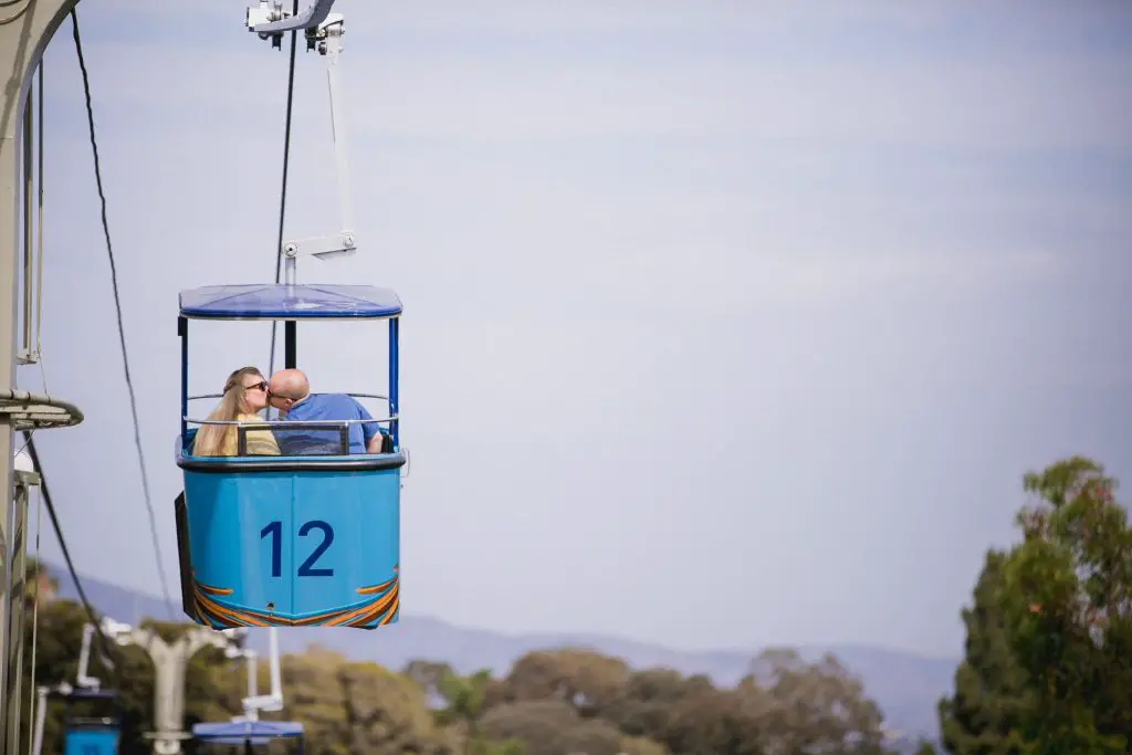 Zoo engagement photos in the aerial tram in San Diego