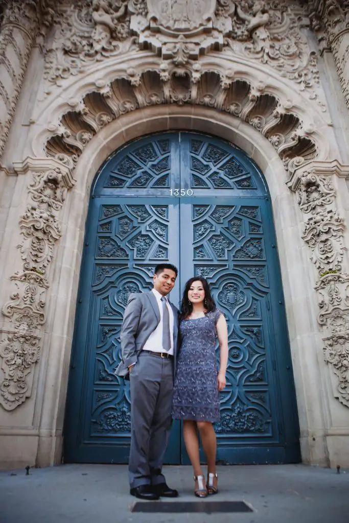 Couple dressed in formal clothing for their engagement pictures