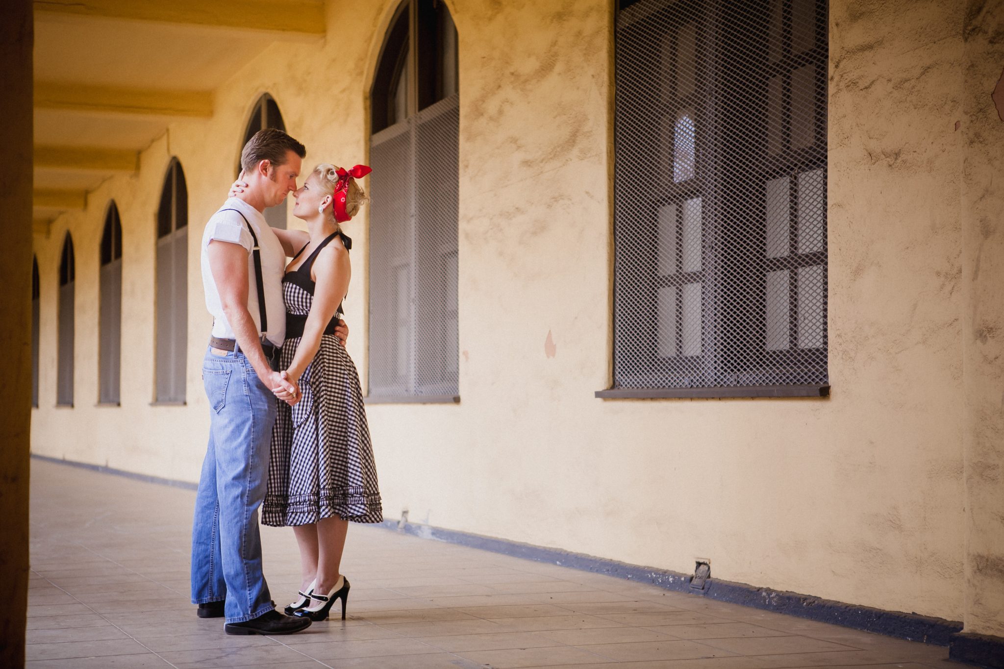 Retro outfits for engagement shoot at Liberty Station
